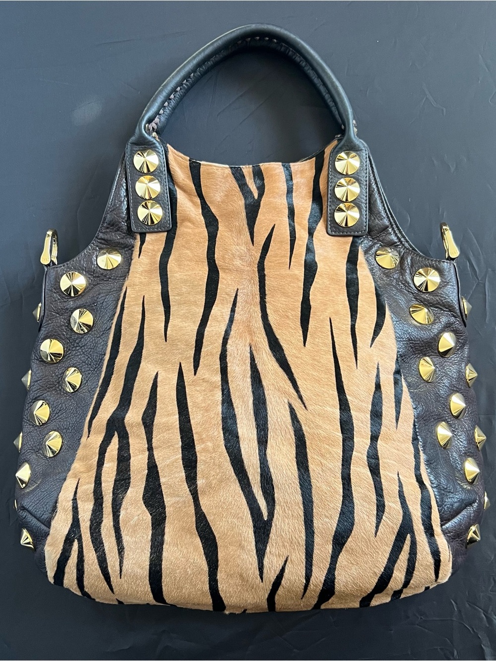 Be & D Zebra Print Calf Hair and Gold Studded Garbo Tote Bag - Tan and Brown